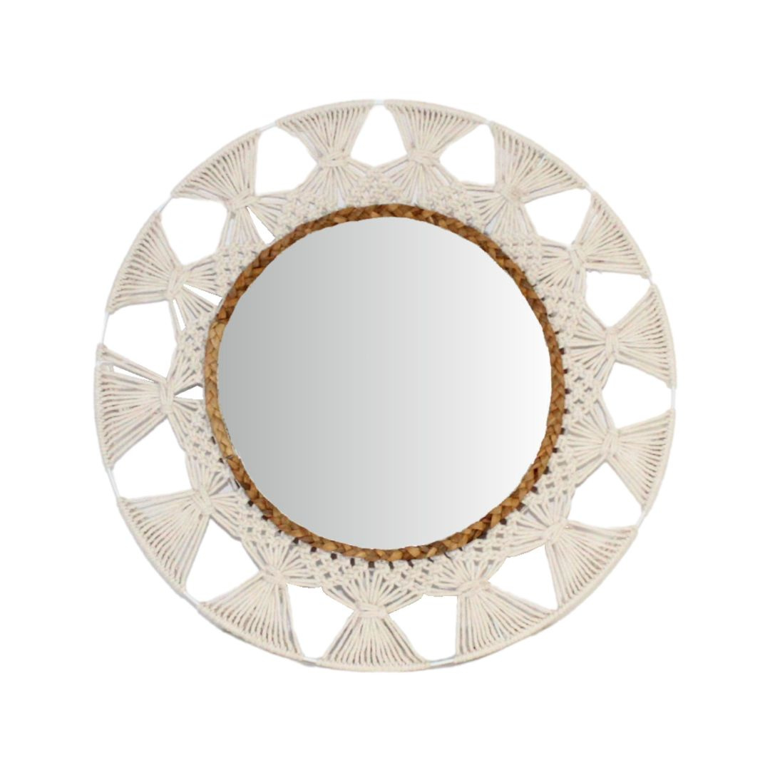 Oglindă de perete, ramă rotundă împletită, culoare alb, 55cm
