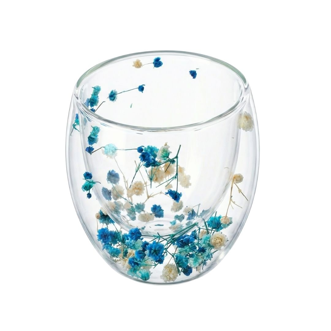 Pahar cu inserție de flori uscate, floarea miresei alb și albastru, pereți dubli, sticlă borosilicată, 250 ml, Aurora Bloom