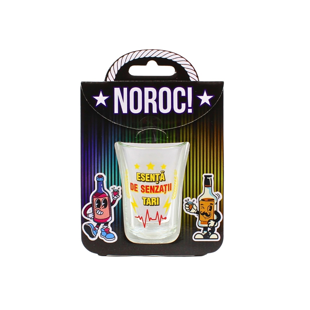Pahar pentru shot, 7cm, cu mesajul Esență de senzații tari