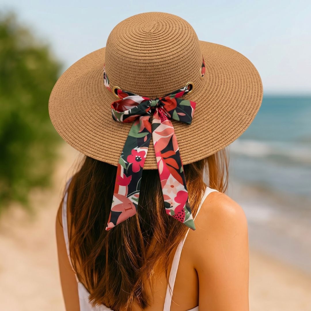 Pălărie de plajă damă Tiara, maro cu fundă florală, boruri largi, stil elegant, ușoară și respirabilă, protecție solară, diametru 43 cm