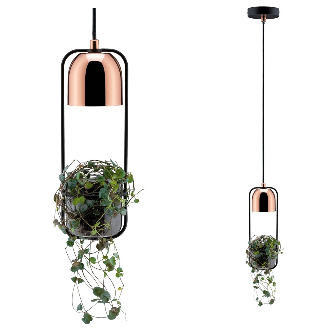 Pendul Neordic Fanja pentru plante, max 1x20W bec GU10, culoare negru/cupru 230V din metal și sticlă