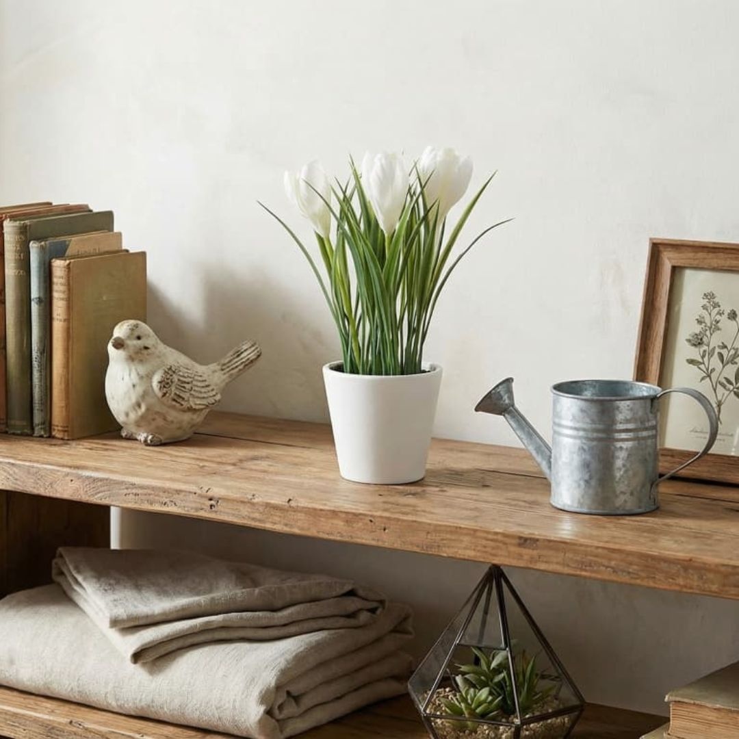 Plantă artificială cu Brândușe decorative 21 cm în ghiveci alb – decor interior modern