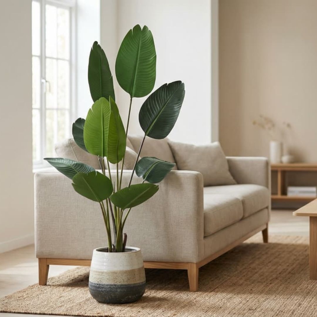Plantă artificială Strelitzia 160 cm - Pasărea Paradisului - cu 10 frunze verzi cu detalii realiste, pentru interior, în ghiveci negru