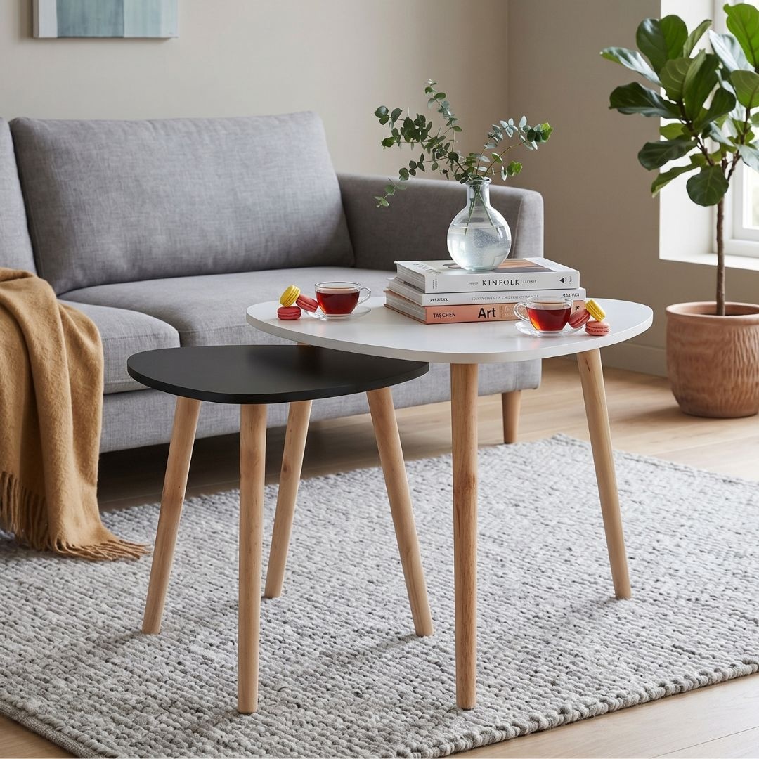 Set 2 măsuțe cafea, MDF, picioare de pin, alb-negru, 54x45 cm, 40x40…