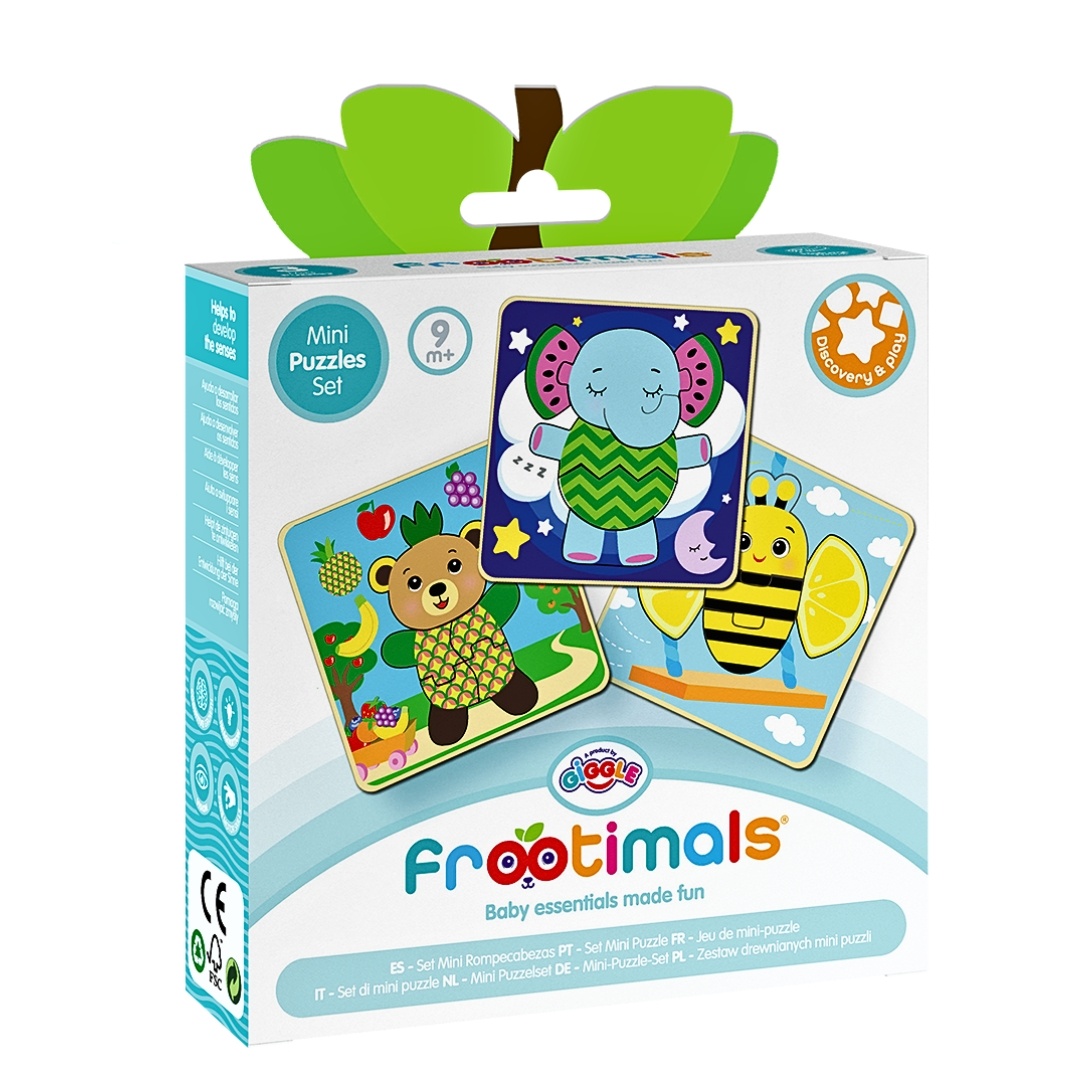 Set 3 mini puzzle din lemn natural, Frootimals