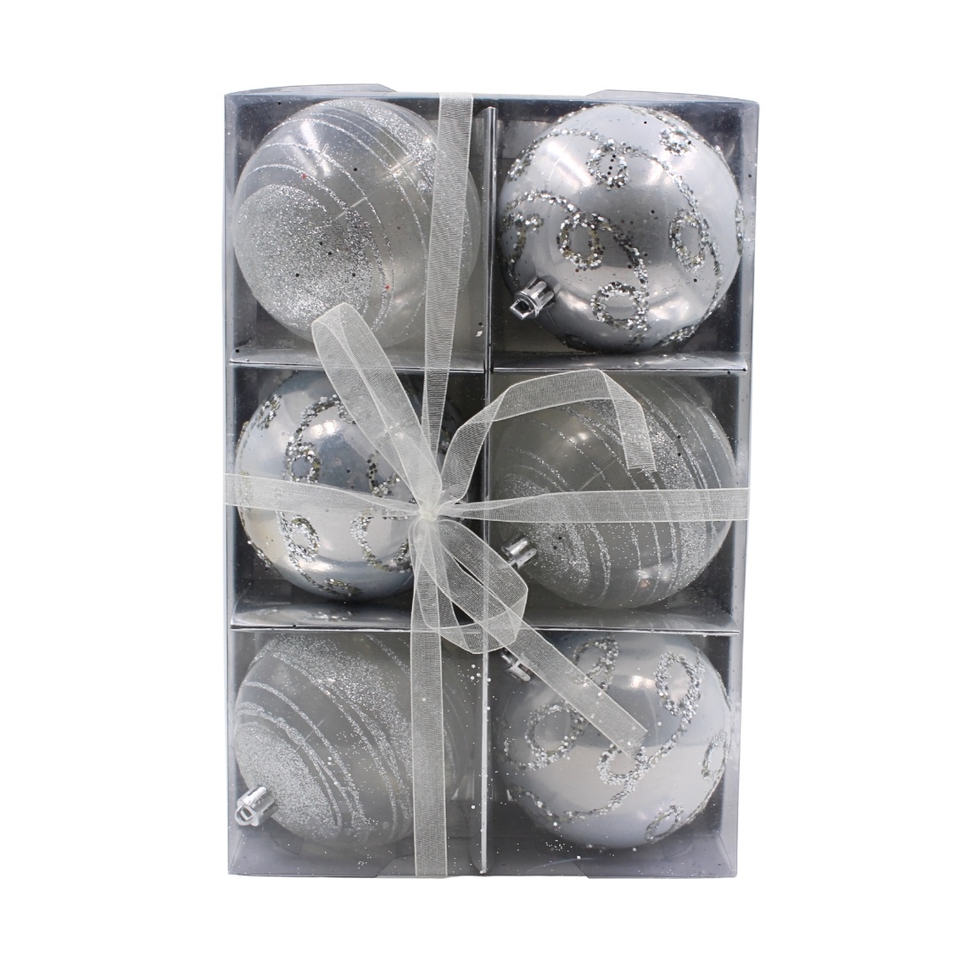 Set 6 globuri, de Crăciun, argintii cu sclipici, 8 cm