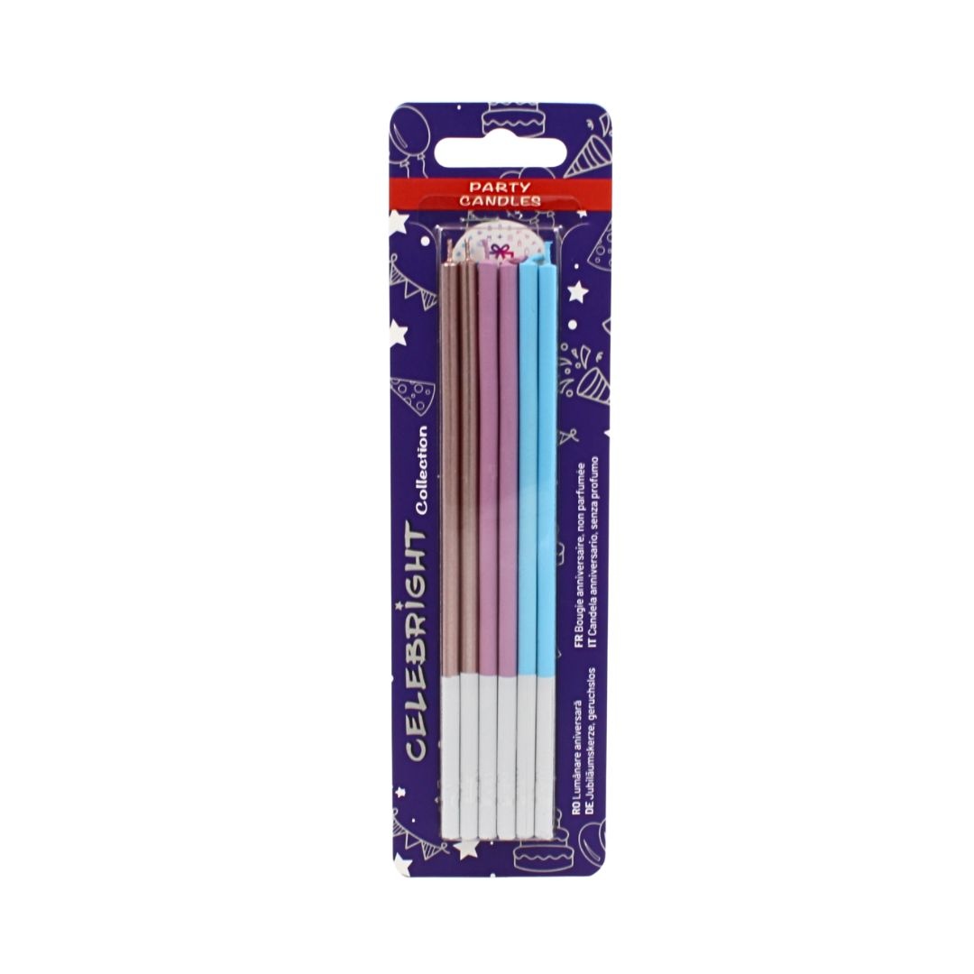 Set 6 lumânări drepte, pentru tort, Celebright, mov și albastru, bază albă, 15 cm
