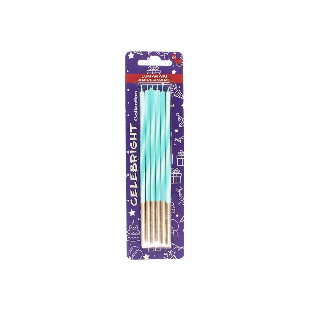 Set 6 lumânări pentru tort, Celebright, alb-turcoaz, bază aurie, 15 cm