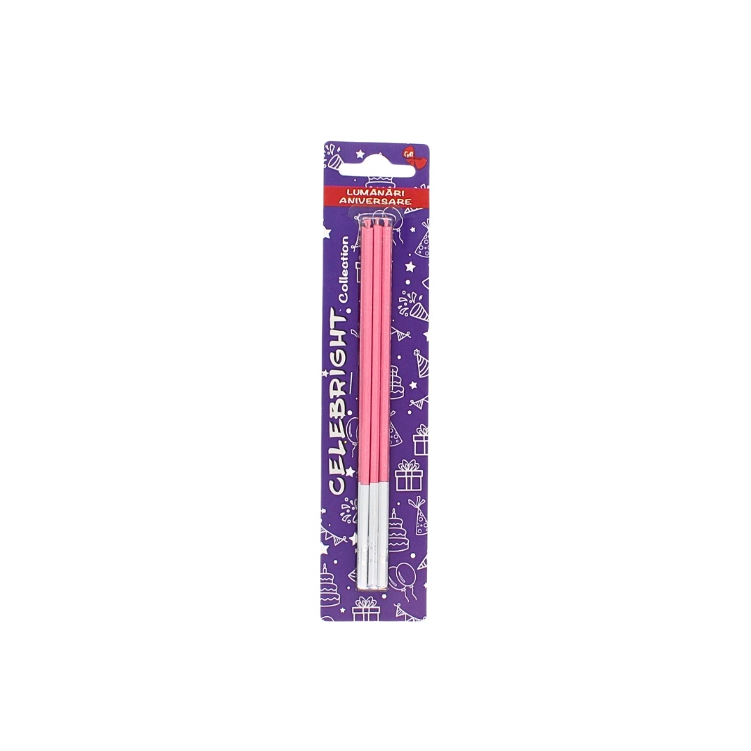 Set 6 lumânări pentru tort, Celebright, roz cu sclipici, bază albă, 15 cm