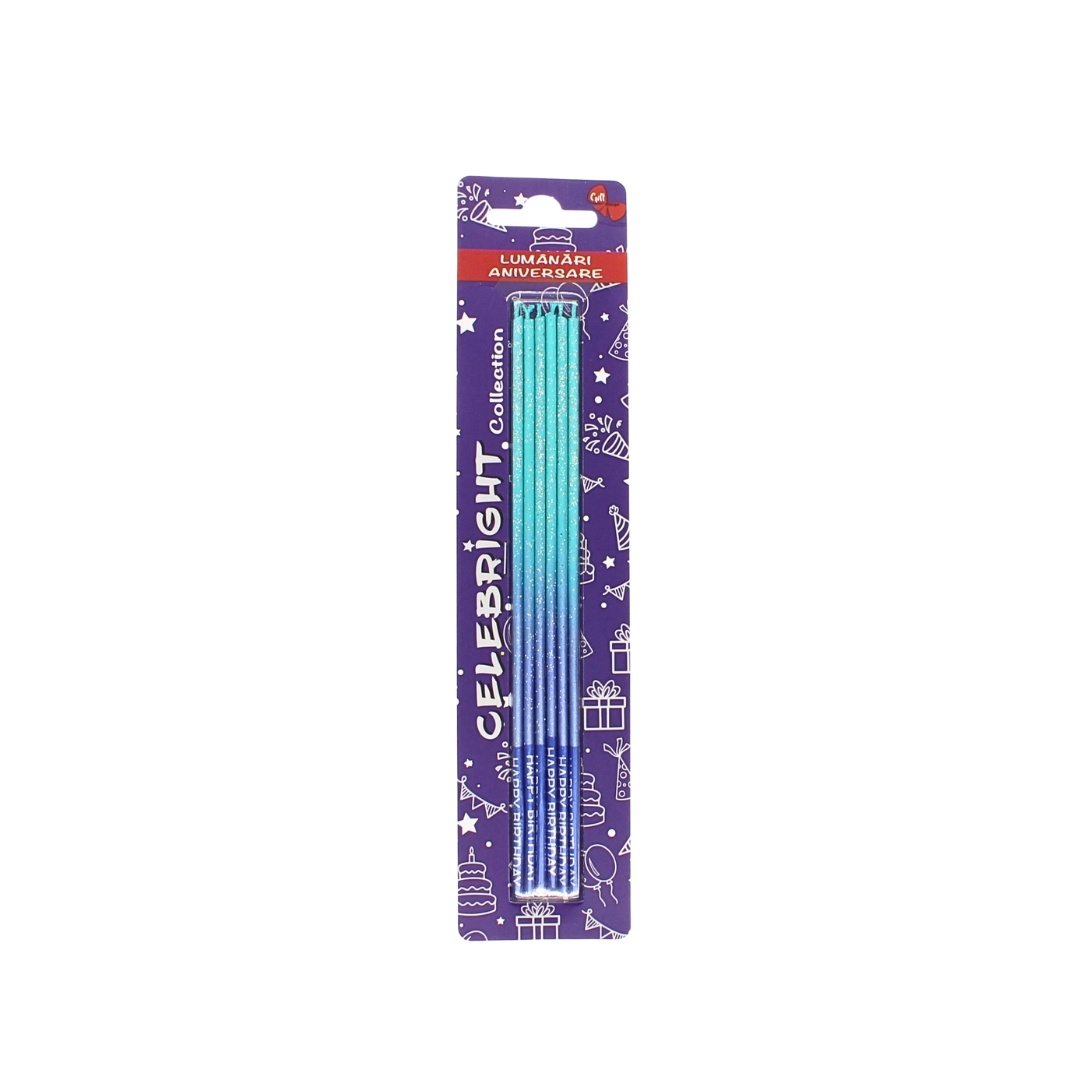 Set 6 lumânări pentru tort, Celebright, turcoaz-mov degrade, bază albastră, 17 cm
