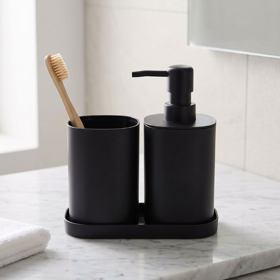Set accesorii de baie, 3 piese, culoare negru, design modern