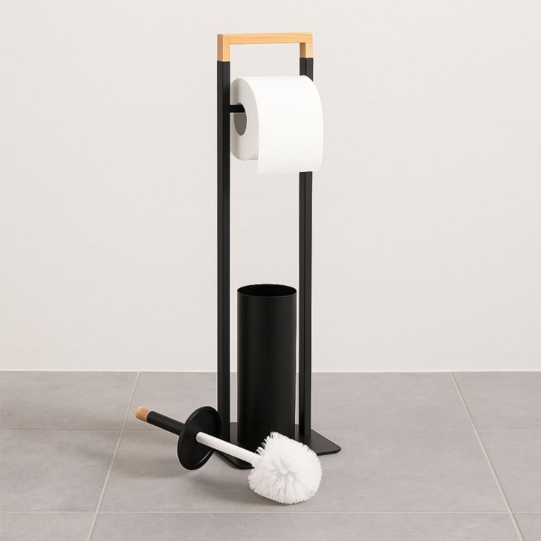 Suport hârtie igienică Jumi, cu perie WC, metal și bambus, 76.5x19x19 cm