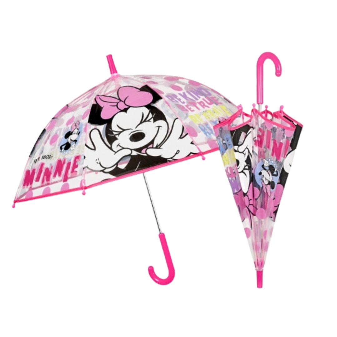 Umbrelă manuală pentru copii Minnie Mouse – 45 cm, cupolă transparentă POE, sistem antivânt din fibră de sticlă, design roz cu buline