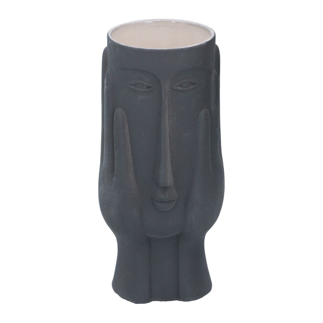 Vază decorativă, din ceramică, gri antracit – design artistic cu față stilizată și finisaj mat, 23x11x10 cm