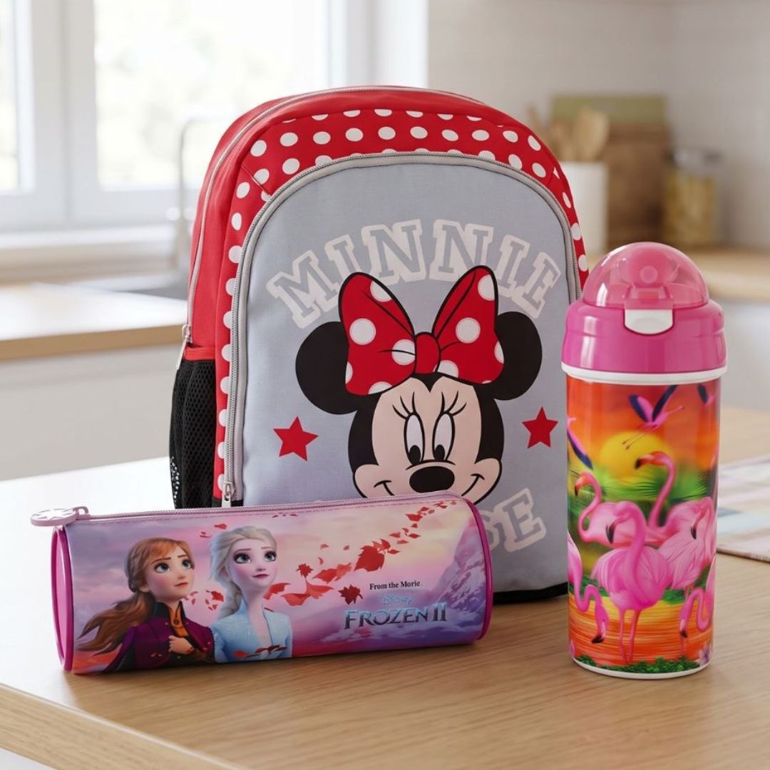 🎒 Pachet Back to School Minnie & Frozen, ghiozdan + penar + sticlă apă, 3 piese