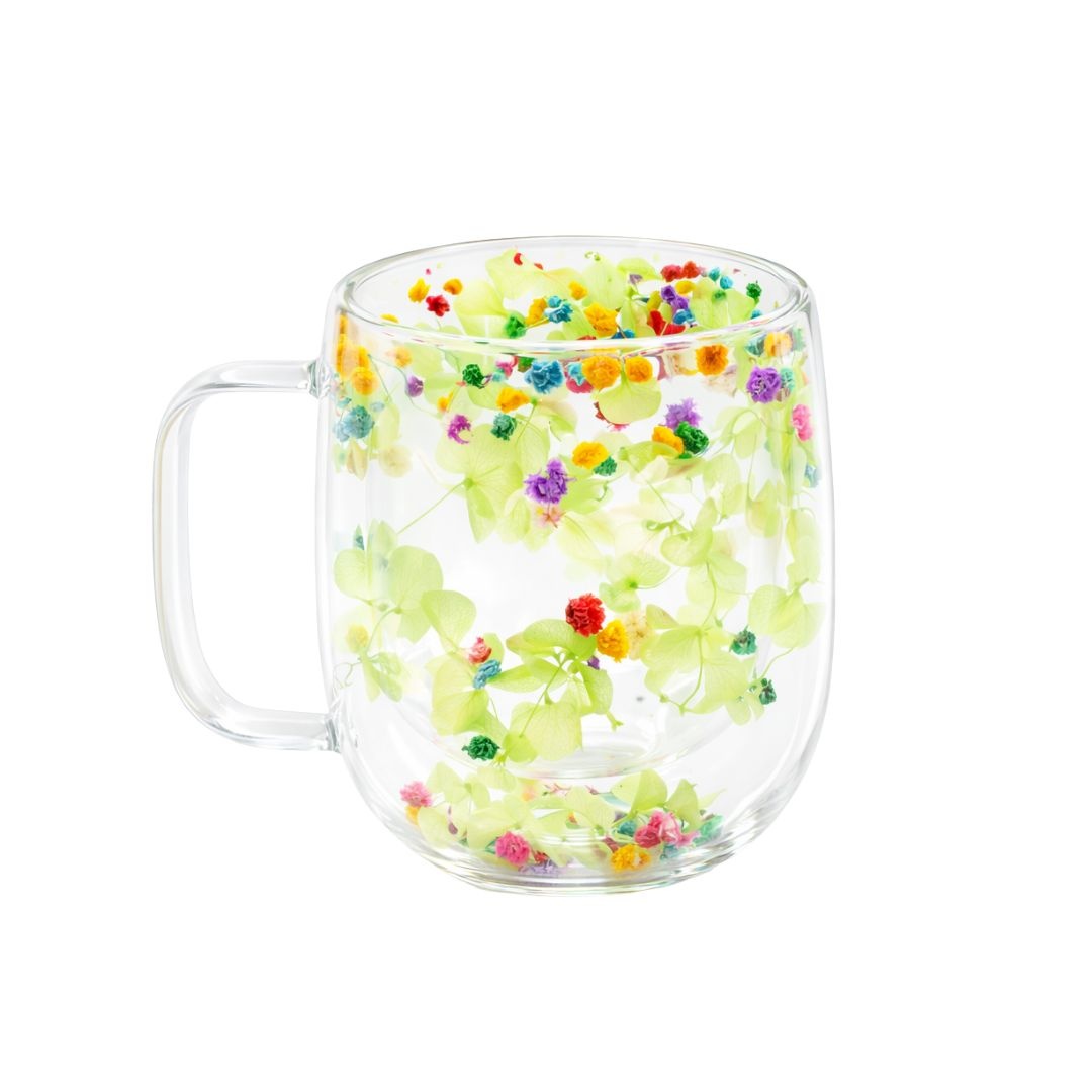 Cană cu inserție de flori uscate, hortensie verde și floarea miresei multicolor, pereți dubli, sticlă borosilicată, 250 ml, Aurora Bloom