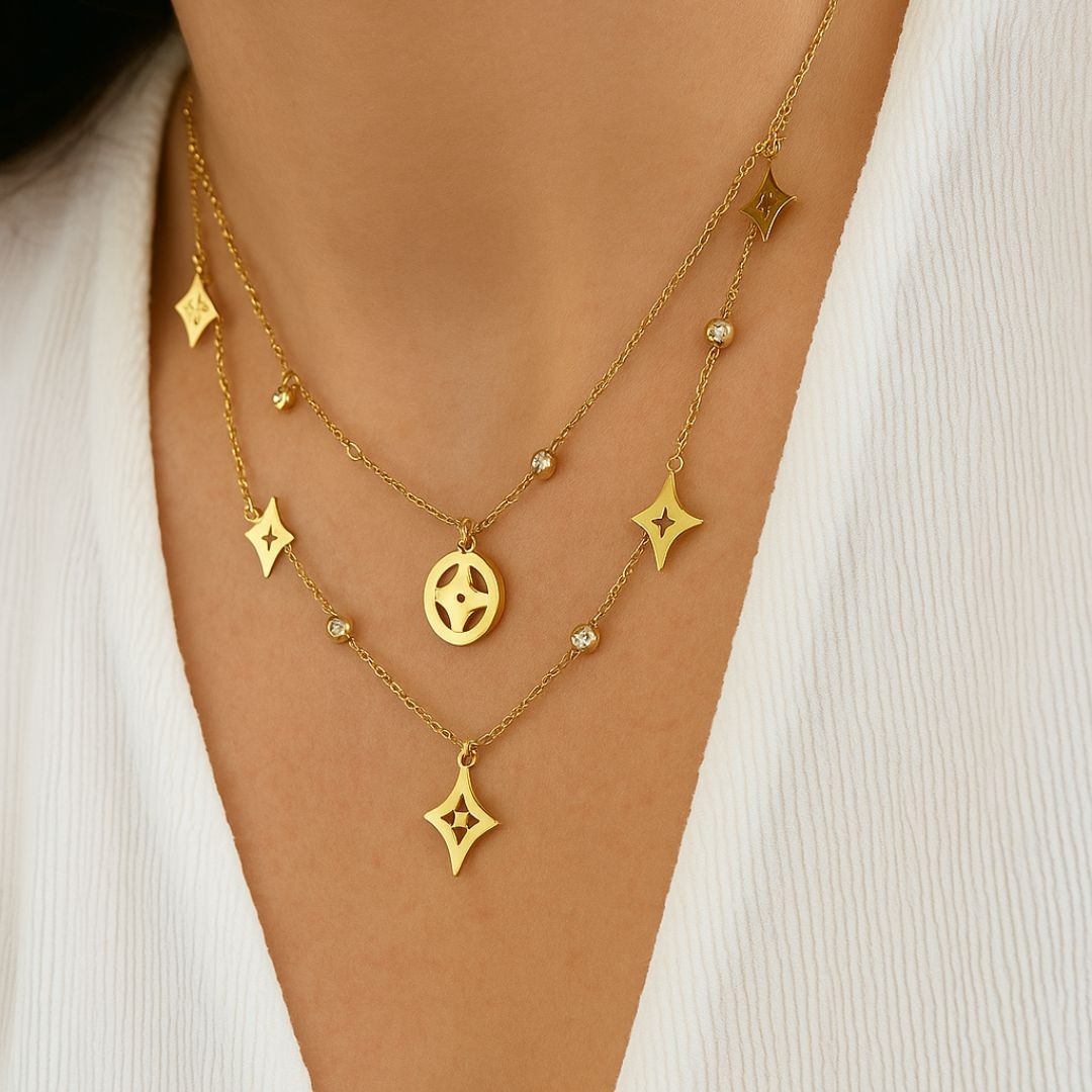 Colier elegant cu pandantive geometrice și cristale – Oțel inoxidabil…