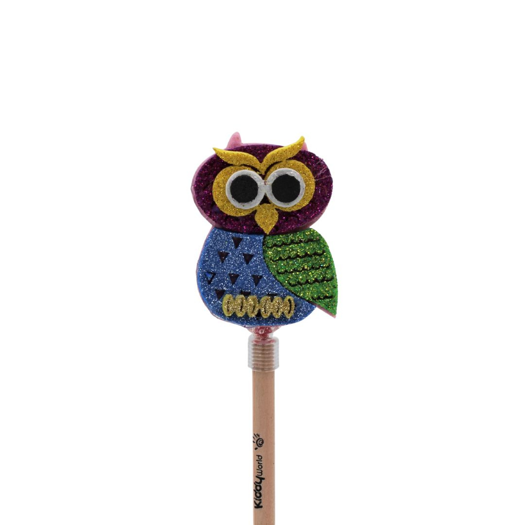 Creion figurină Bufniță albastră aripi verzi 22cm