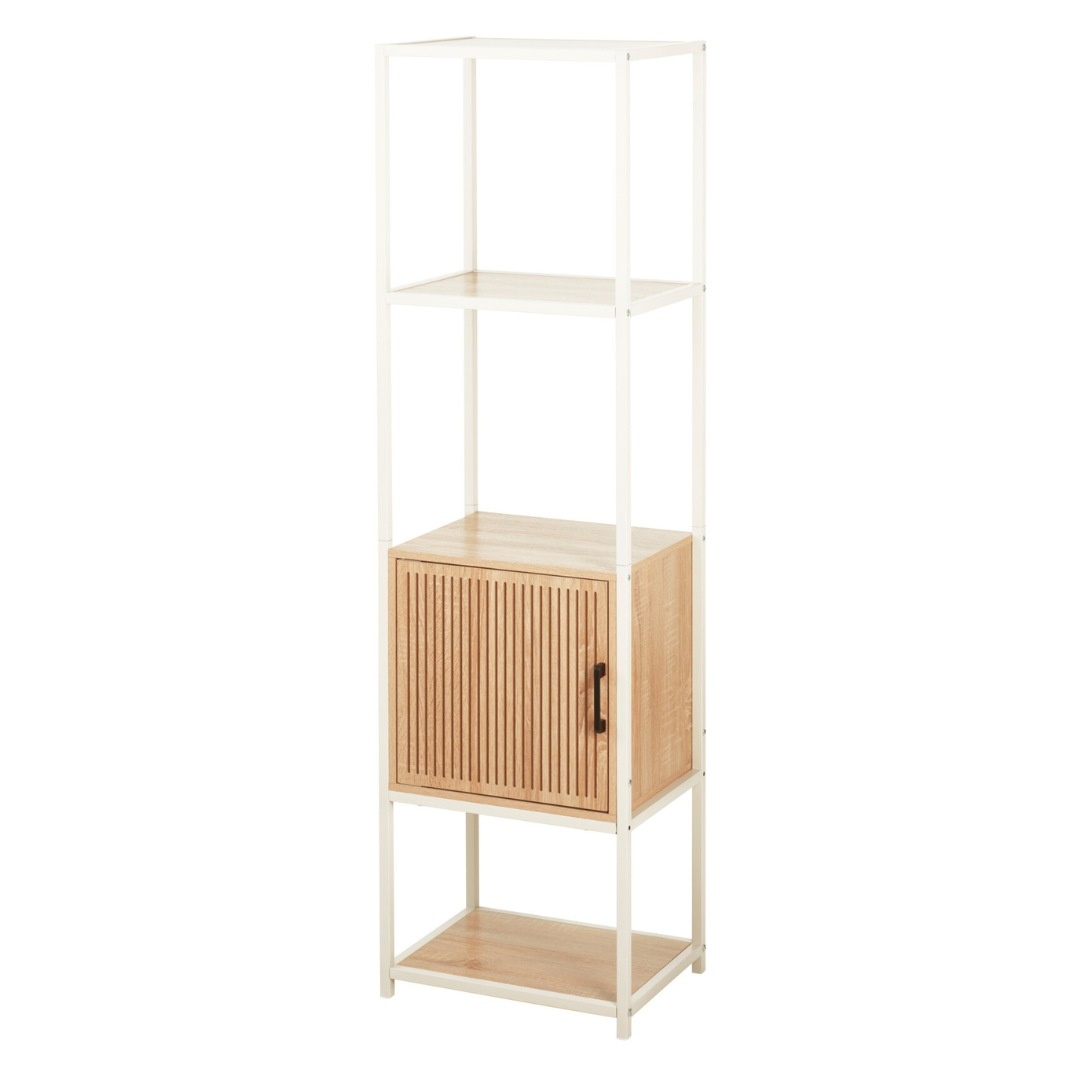 Dulap cu cadru metalic și rafturi MDF, design modern cu ușă din lemn, 43x33x153 cm, alb
