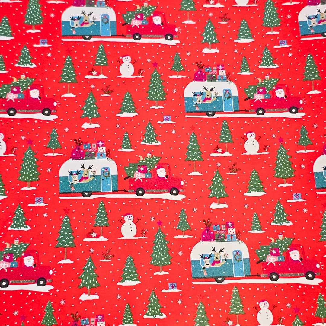 Hârtie mată pentru ambalat cadouri, decor de iarnă roșu cu Moș Crăciun și prietenii săi, renii , 200x70 cm