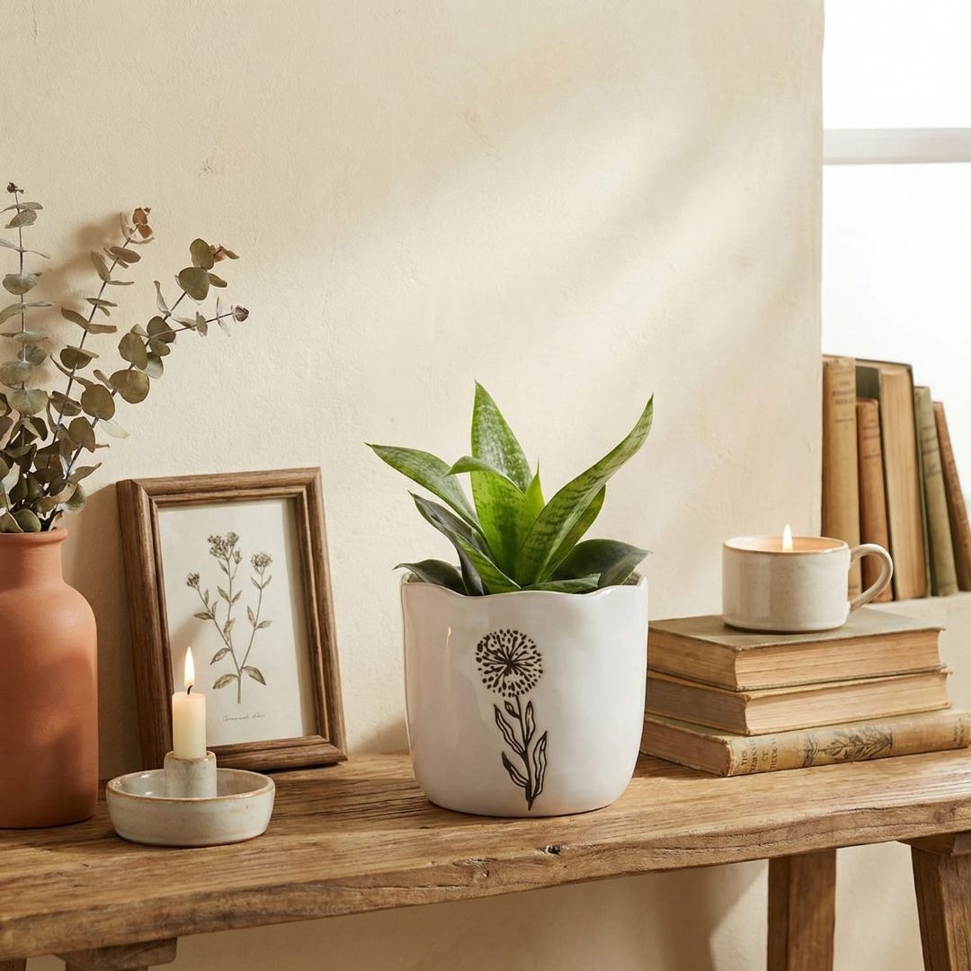Mască ghiveci decorativ, pentru plante și flori, din porțelan alb cu model floral, 13x15 cm