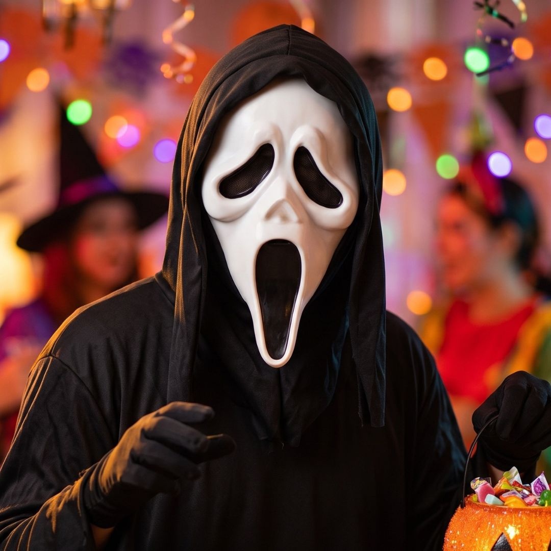 Mască pentru Halloween, Goodmark, model Ghost Face, cu glugă neagră, one size