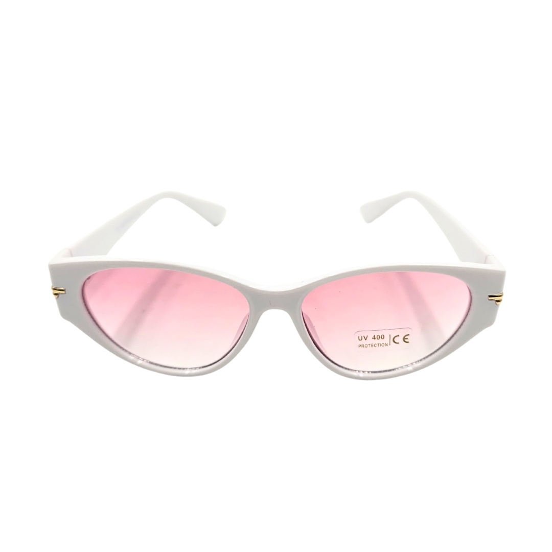 Ochelari de soare, damă, Tiara, alb lucios, formă cat-eye cu accente aurii, lentile roz fumuriu, protecție UV 400