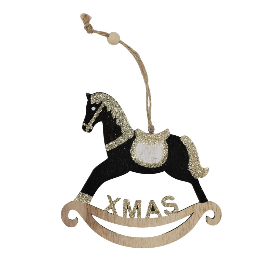 Ornament de Crăciun, din lemn - Balansoar căluț XMAS, negru - House of Seasons