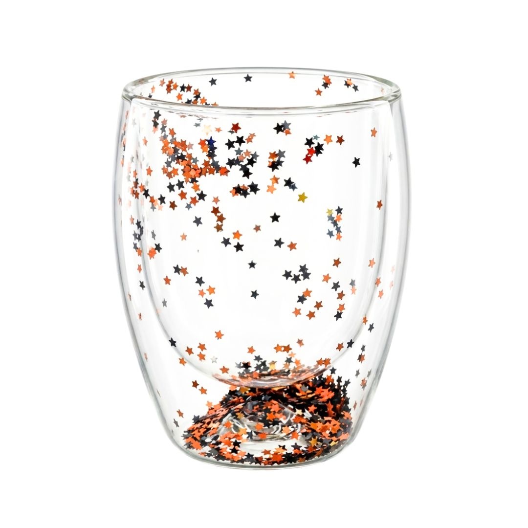Pahar cu inserție de confetti steluțe gri și auriu, pereți dubli, sticlă borosilicată, 300 ml, Aurora Glow