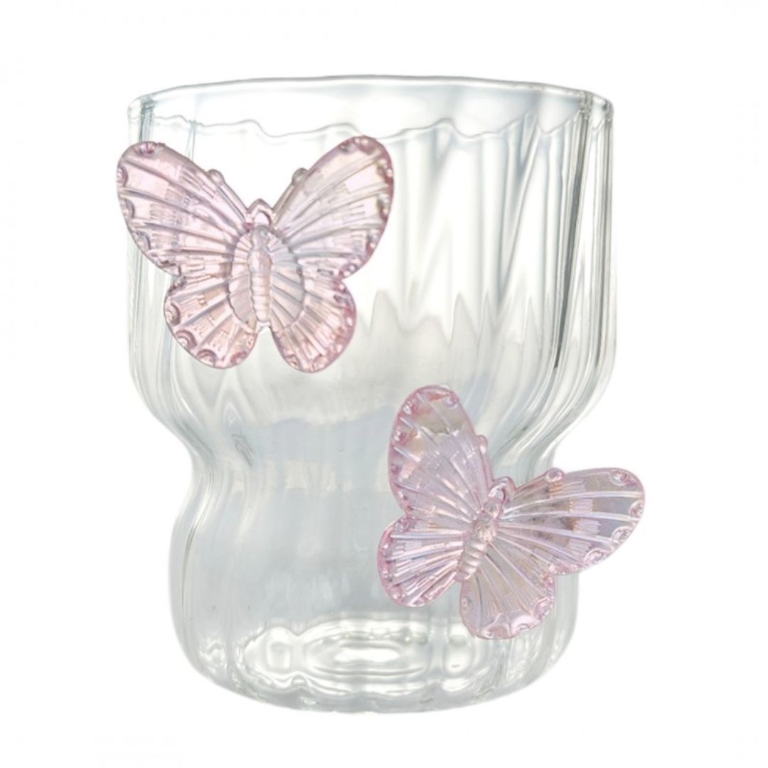 Pahar din sticlă borosilicată, cu pereți ondulați și fluturași roz,…
