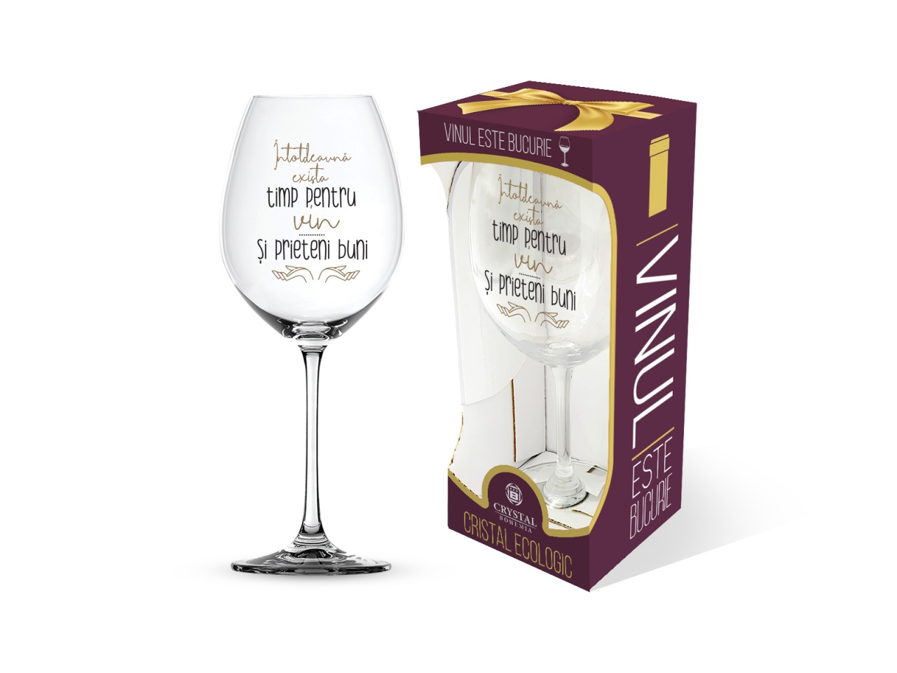 Pahar pentru vin, mesaj amuzant "Întotdeauna există timp pentru vin și prieteni buni"