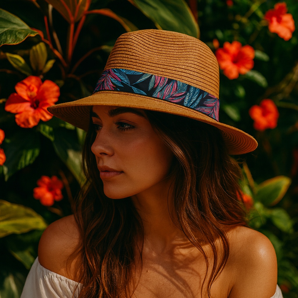 Pălărie de plajă damă Tiara maro, din hârtie de paie, cu bandă tropicală, bor mediu 34 cm, ușoară și elegantă