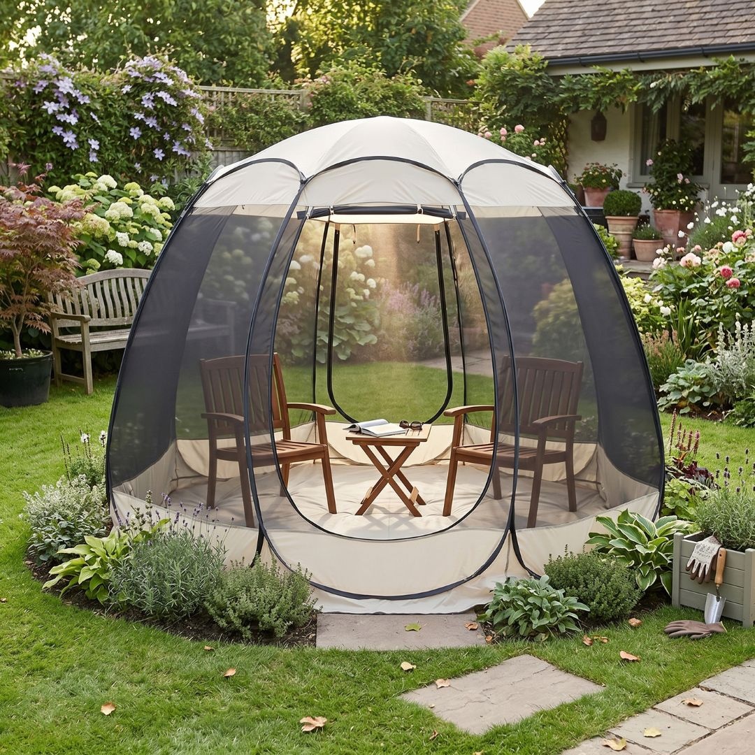 Pavilion de grădină tip cort anti-insecte, 3.6x3.6 m, cu pereți din plasă transparentă, înălțime 2.35 m, bej/gri