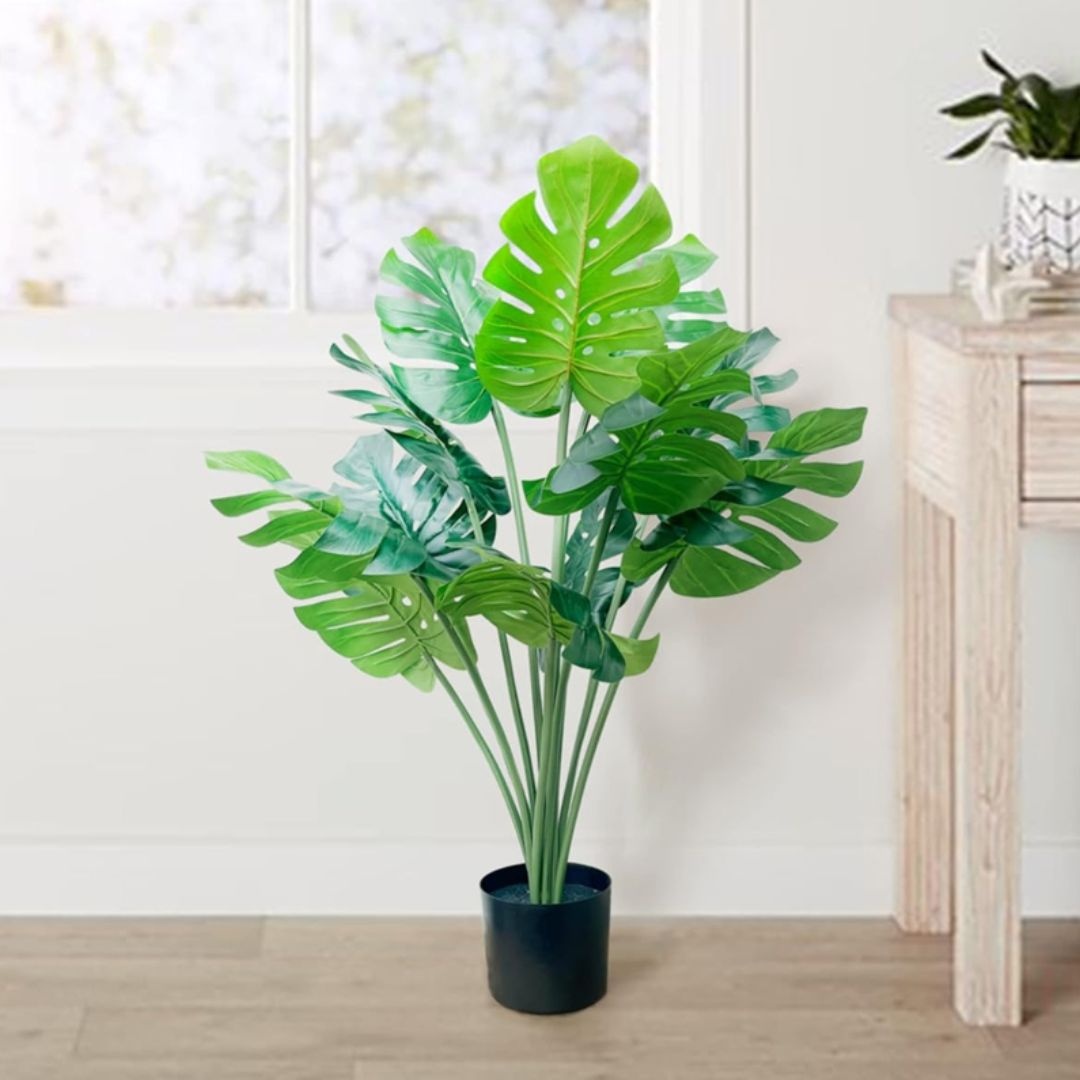 Plantă artificială Monstera 86 cm, cu detalii realistice, bogată în frunze verzi, aspect natural, ghiveci negru inclus