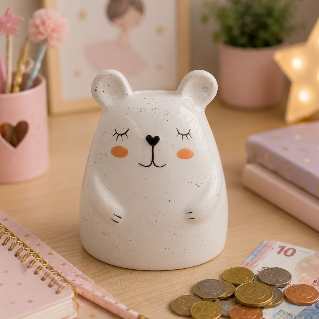 Pușculiță din ceramică model ursuleț alb