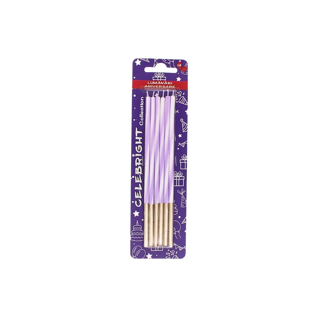 Set 6 lumânări pentru tort, Celebright, alb-mov, bază aurie, 15 cm