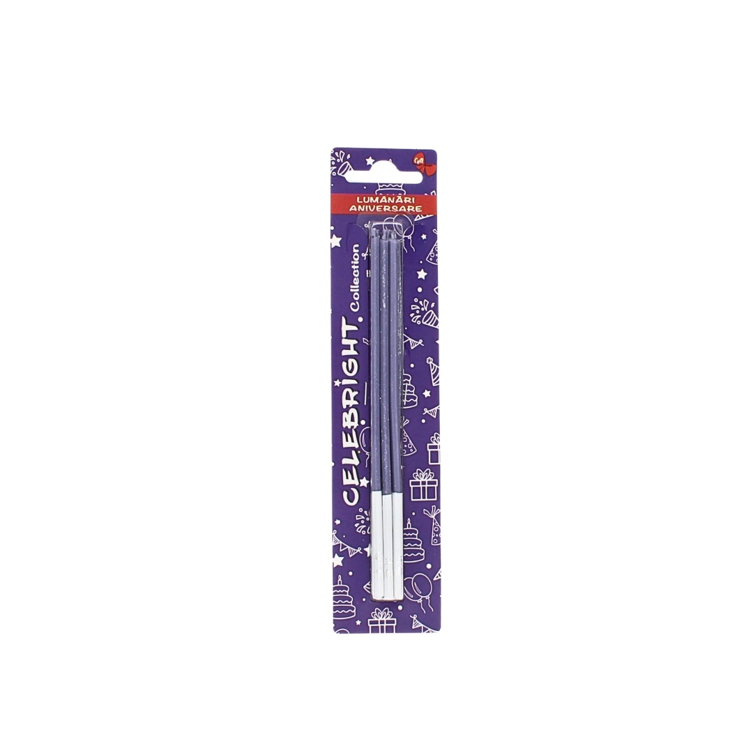 Set 6 lumânări pentru tort, Celebright, violet cu sclipici, bază albă, 15 cm