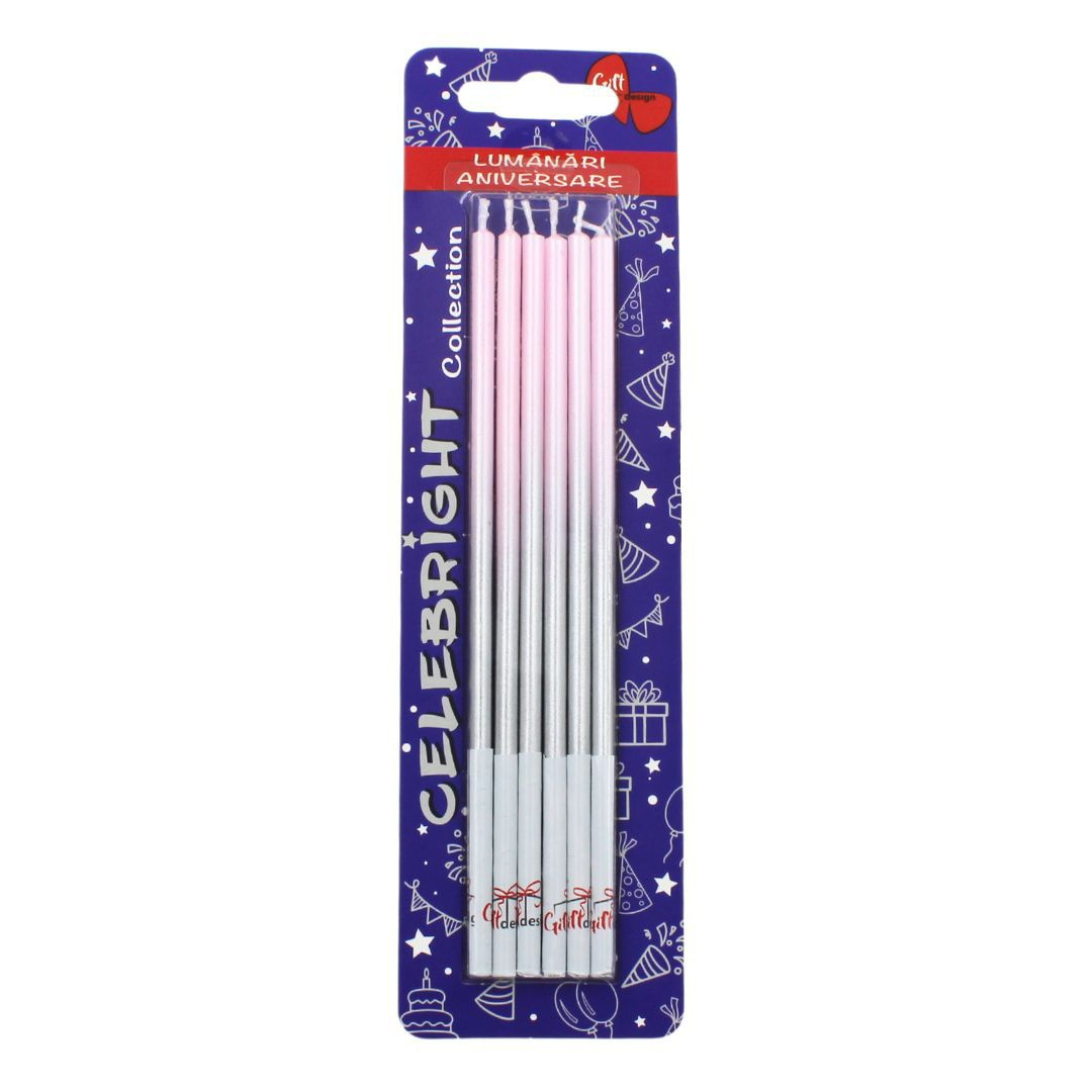 Set 6 lumânări pentru tort, Royal, roz argintiu, Celebright, 14.5cm