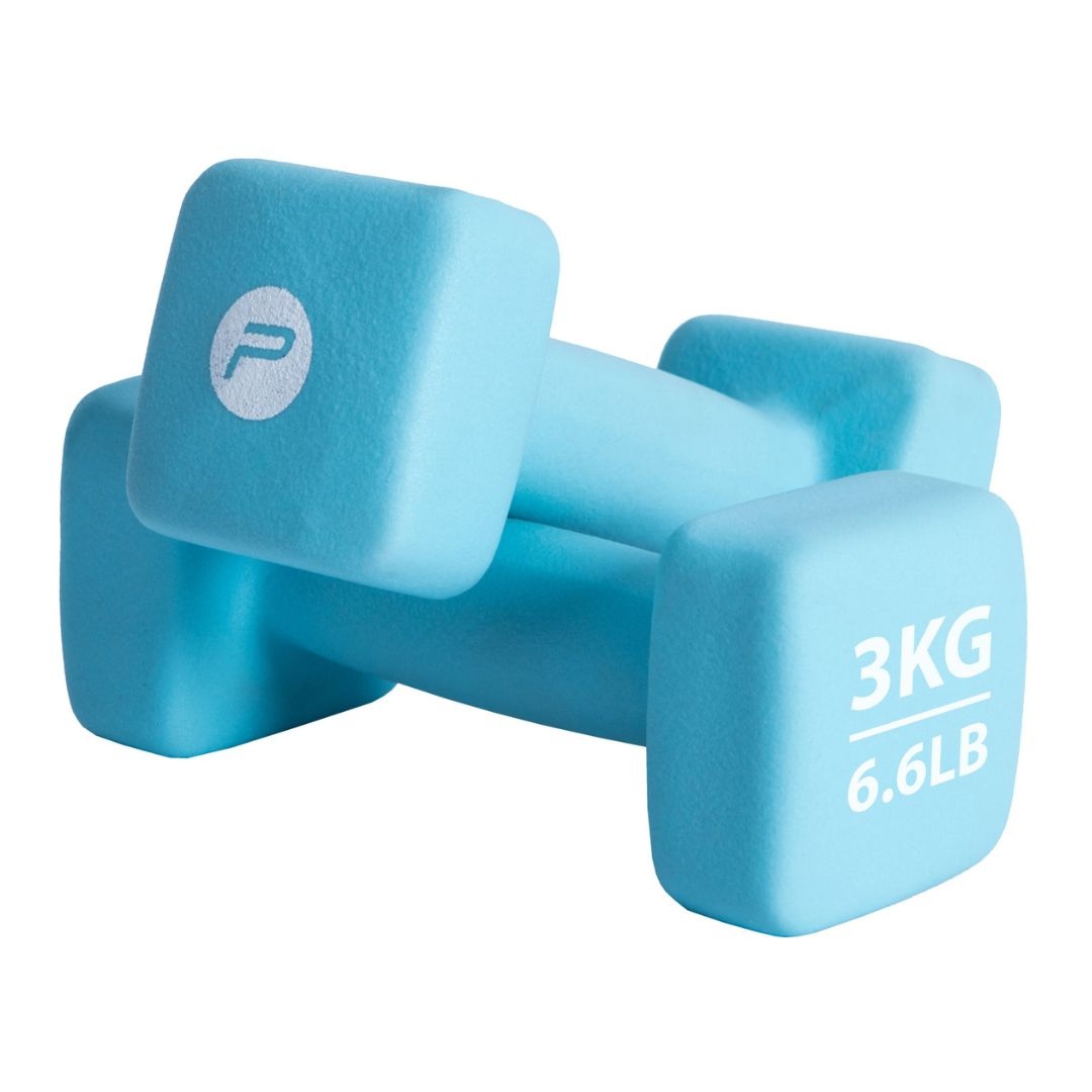 Set gantere neopren 2x3 kg Pure 2 Improve – capete pătrate, albastru și ambalaj premium