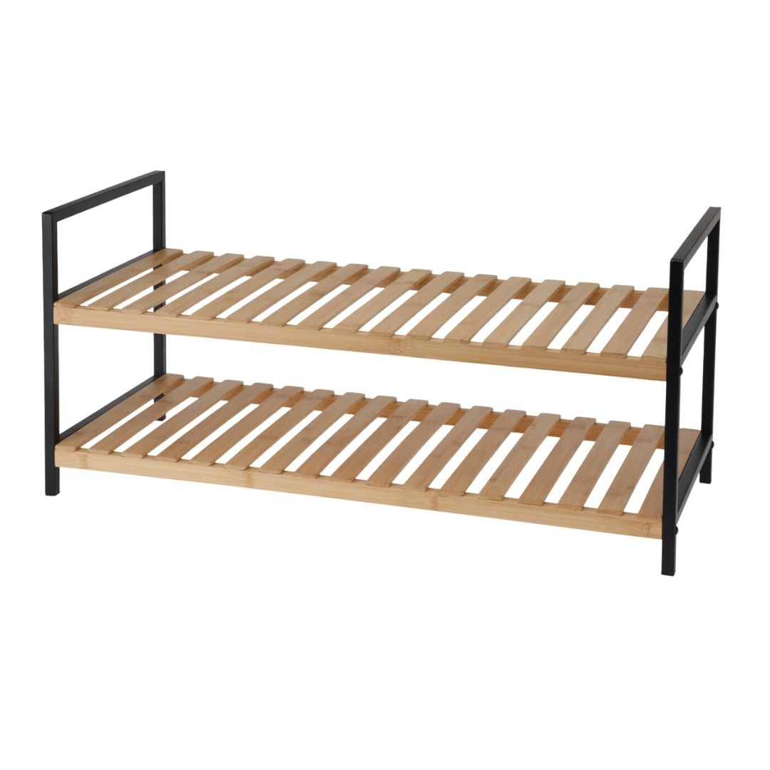 Suport pentru încălțăminte – Storage Solutions | 2 rafturi, lemn & metal, 70x30x32 cm, negru/maro