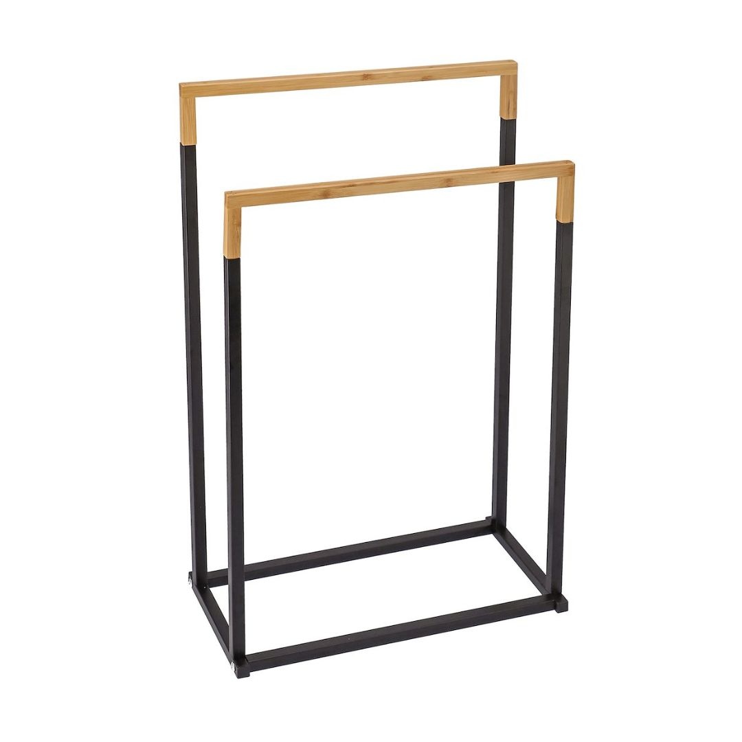 Suport prosoape Jumi, pe două rânduri, metal și bambus, negru și maro, 76x45x22 cm