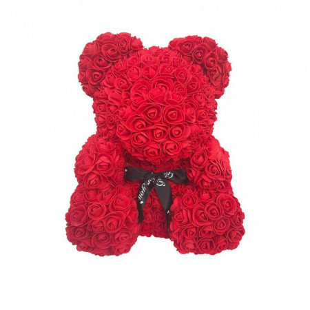 Ursulet din trandafiri de spuma, in cutie cadou cu funda, 40 cm (Culoare bijuterii: Rosu)