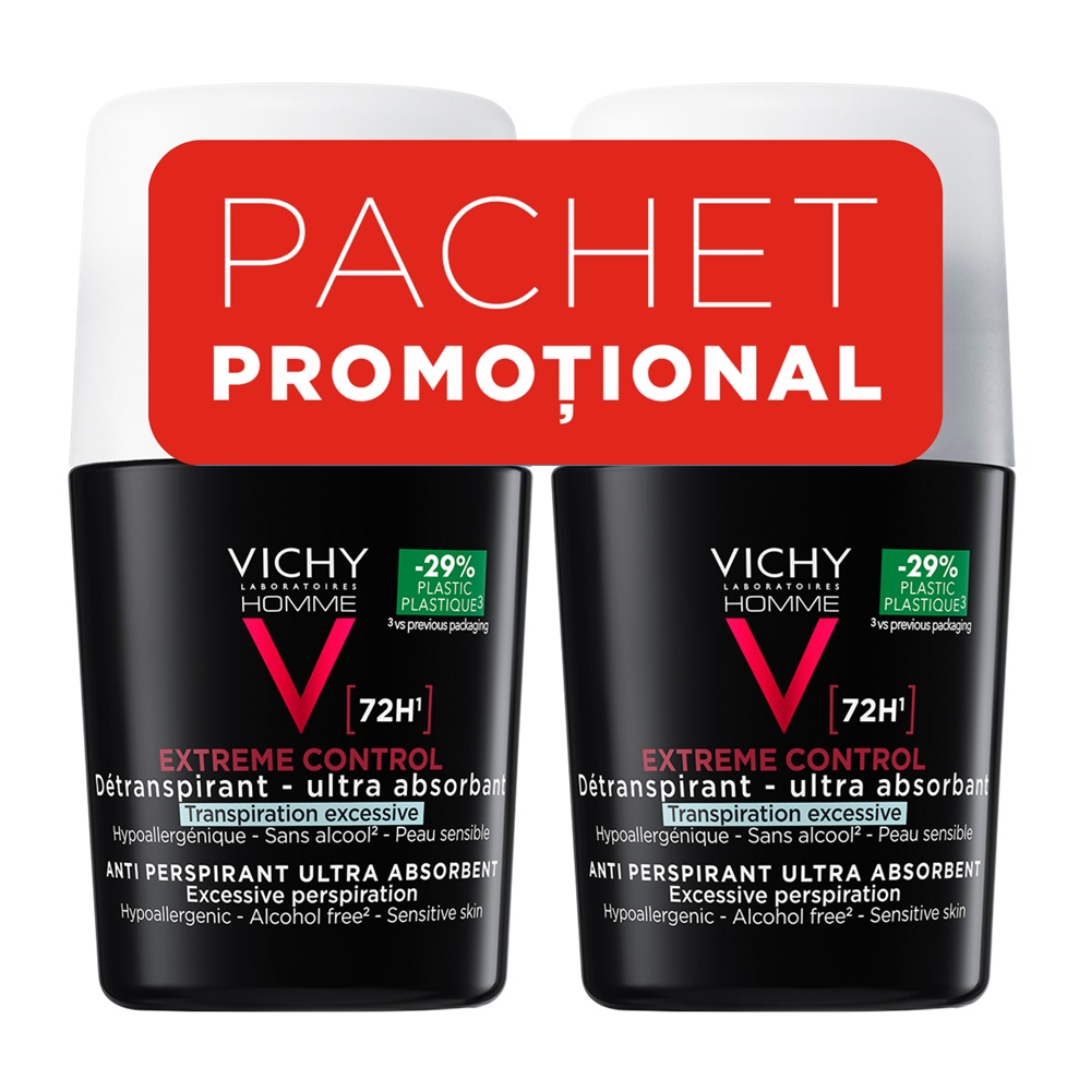 Deodorant roll-on antiperspirant control extrem pentru barbati eficacitate Vichy, 72h (Concentratie: Roll-On, Gramaj: 2 x 50 ml)