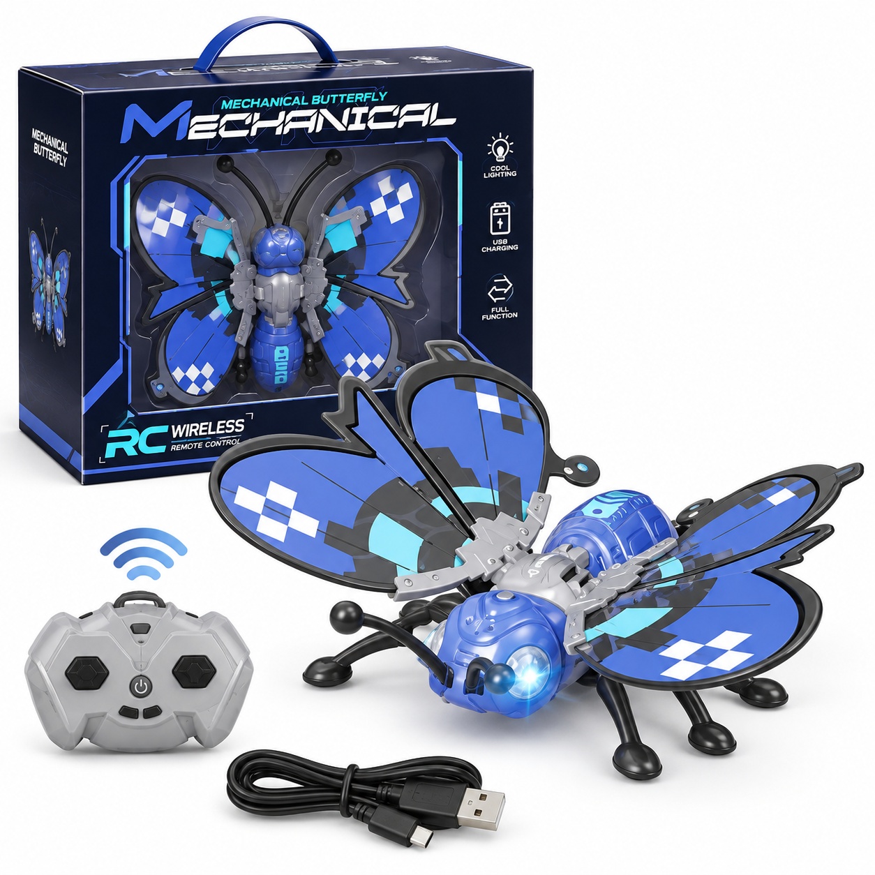 Jucarie fluture cu telecomanda R/C, lumini LED si incarcare USB