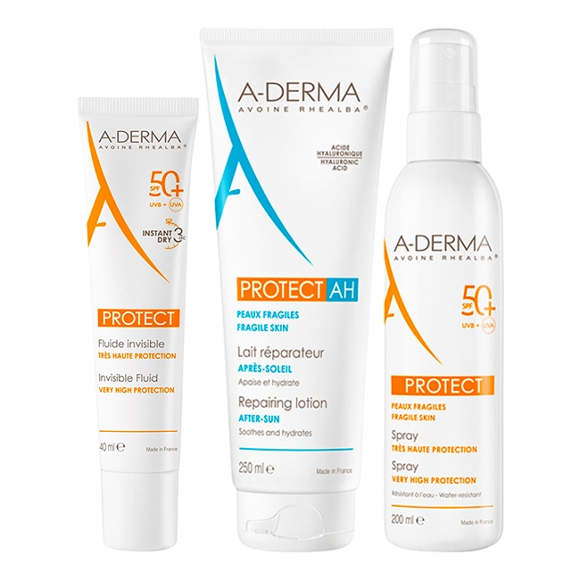 Pachet A-Derma Protect – Fluid invizibil protectie solara SPF 50+, 40 ml + Spray protectie solara SPF 50+, 200 ml + Lotiune reparatoare after sun Protect AH, 250 ml