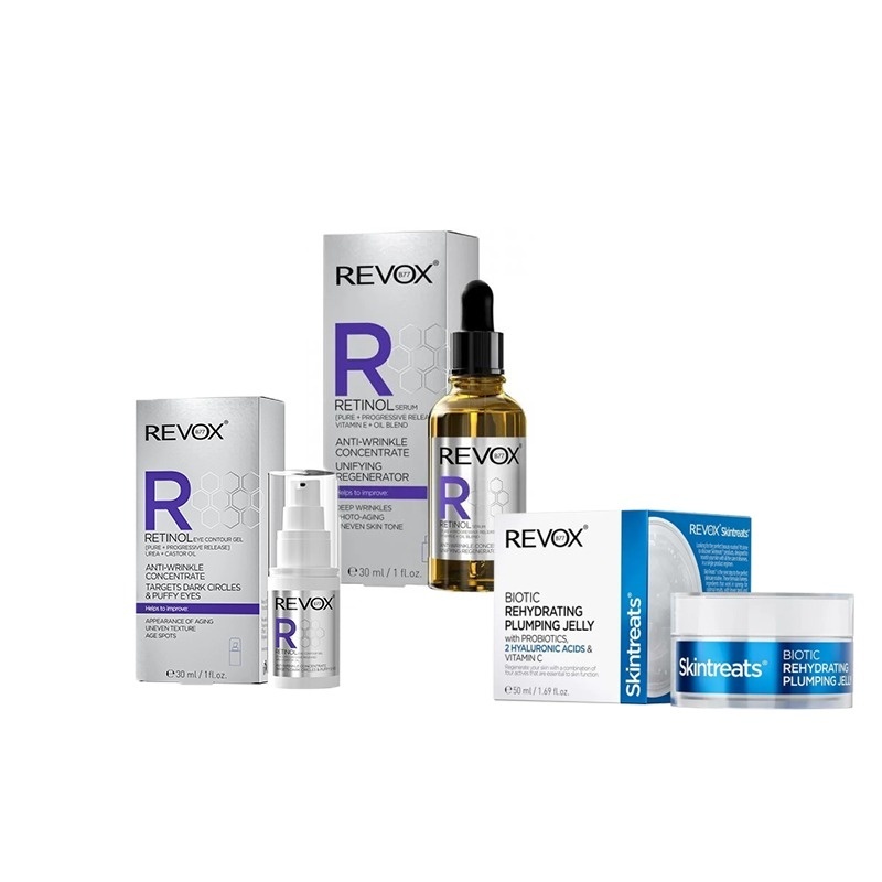 Pachet Anti-Age Revox: Retinol Serum 30 ml + Retinol Gel Contur Ochi 30 ml + Crema-gel rehidratant Skintreats Biotic, 50 ml
