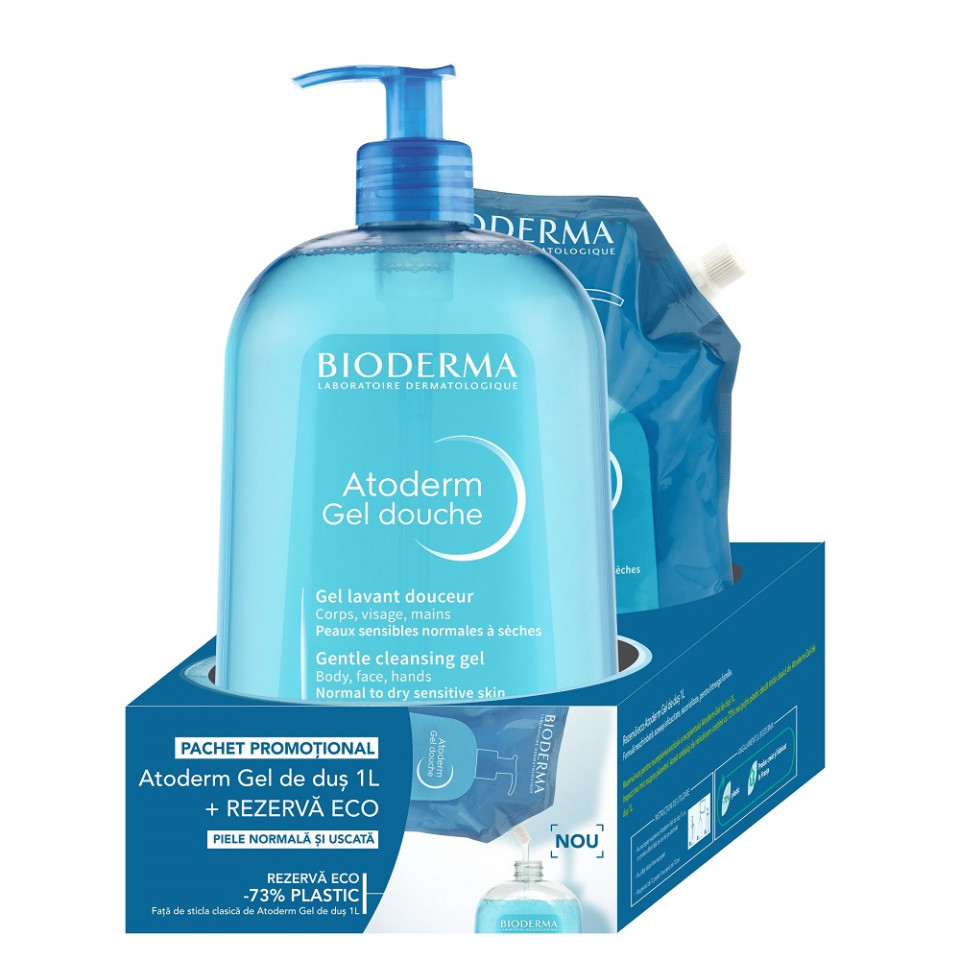 Pachet Gel de dus Bioderma Atoderm 1000 ml + Rezerva eco gel de dus Atoderm 1000 ml