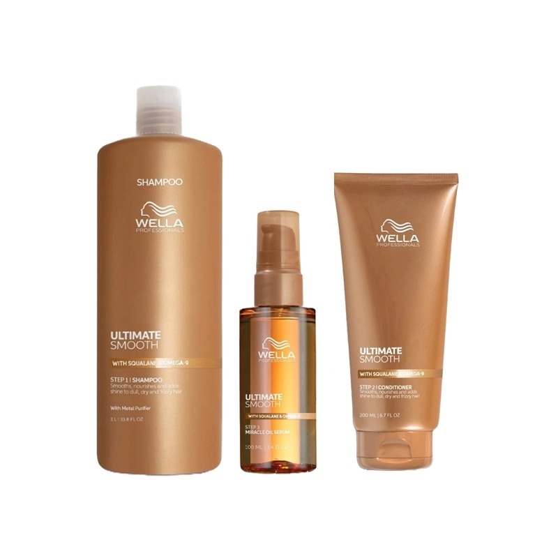 Pachet Wella Professionals Ultimate Smooth – Sampon, 1000 ml + Balsam, 200 ml + Ulei Miracle Serum, 100 ml
