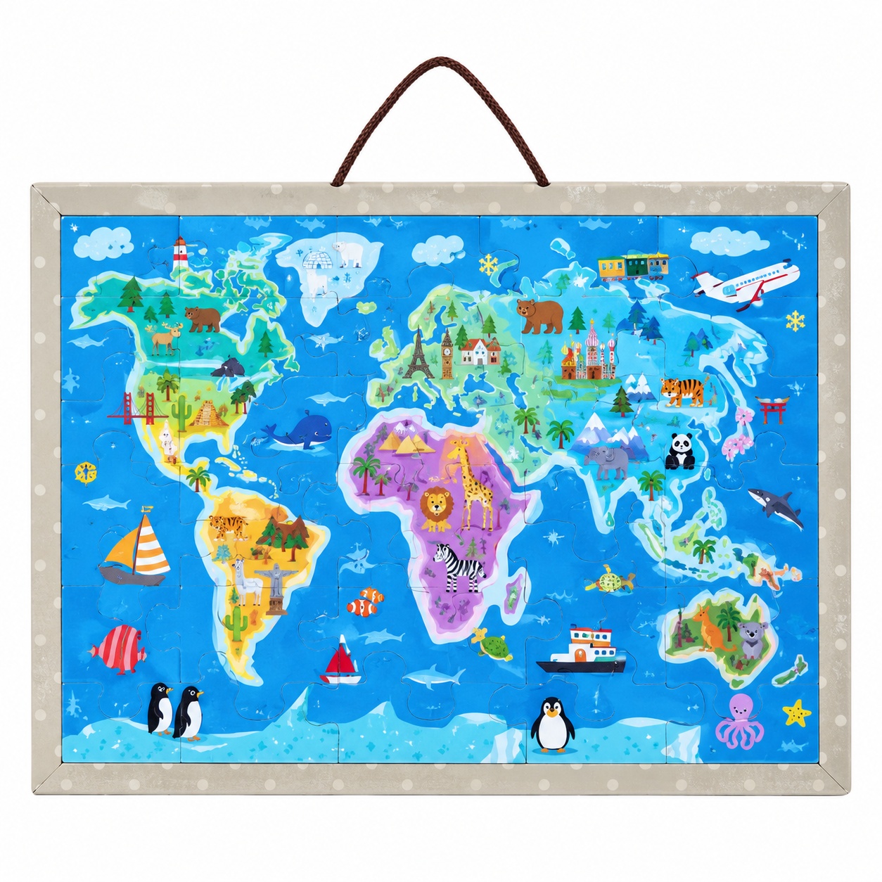 Puzzle magnetic educativ Harta Lumii, 168 piese, animale si obiective turistice, cu snur, 3+ ani