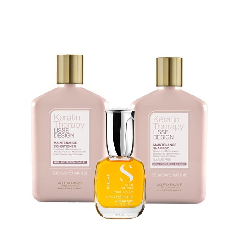 Set Alfaparf Keratin Therapy Lisse Design – Sampon 250 ml + Balsam 250 ml + Ulei Cristalli Liquidi 15 ml